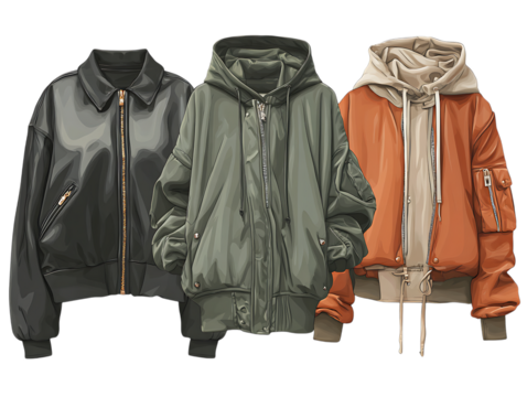 Flat vector illustration women's outerwear including leather bomber jacket