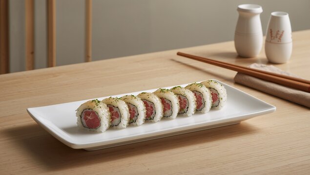 Japanese cuisine featuring tuna sushi rolls on a plate