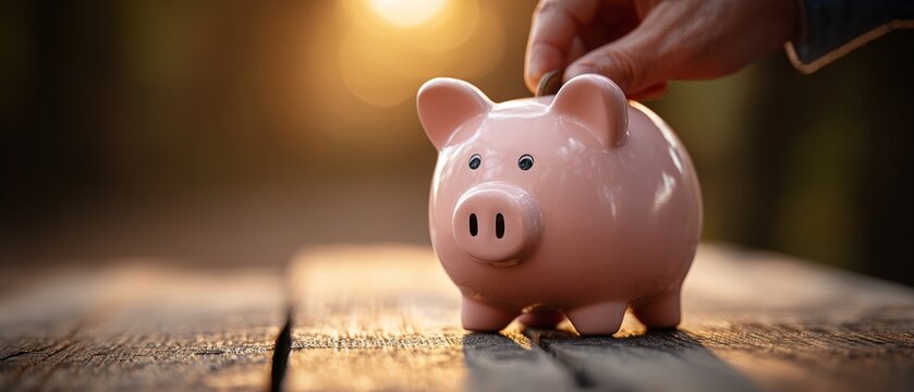Hands of prosperity: capturing the essence of financial investment. Promotional poster. Gently grasping investment: subtle piggy bank on rustic surface. Poster design. Poster illustration.