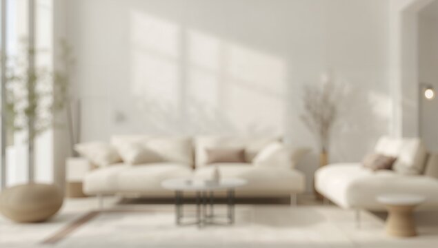 Blurred backdrop of a contemporary minimalist living area featuring neutral shades and organic materials, ideal for editorial headers