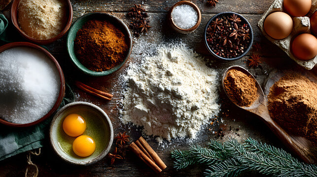 Christmas baking ingredients with fir tree decoration Flour brown sugar eggs spices Top view bakery background