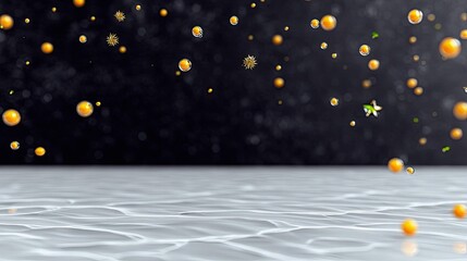 Golden spheres and star-shaped particles float in a dark, hazy environment above a rippling, textured surface.