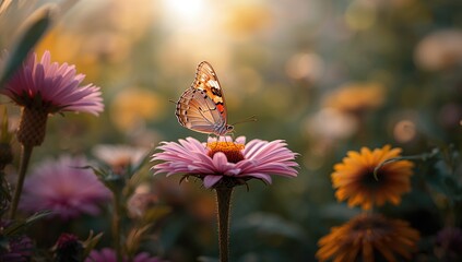 Butterflies and flowers in a garden, emphasizing natural beauty and seasonal change
