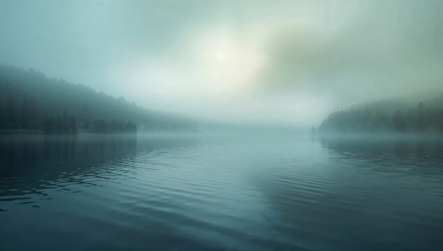 A tranquil lake surrounded by misty fog, ideal for serene landscapes or nature-themed designs