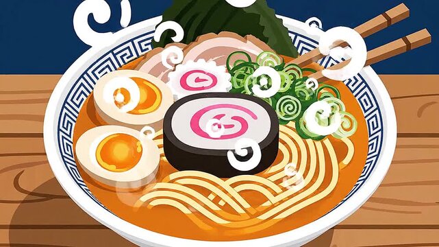 Crane shot down onto a bowl of vector ramen, steam particles, flat illustration.