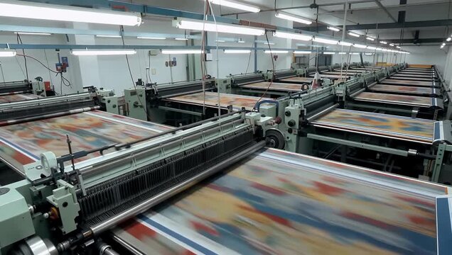 High speed textile printing production line with colorful patterned fabric rolls