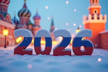 Snow-covered "2026" numbers in Russian flag colors, set against a festive winter backdrop of Moscows iconic architecture under soft lights and falling snowflakes.