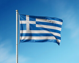 Proudly waving Greek flag against clear blue sky, symbolizing independence, national pride, and heritage for travel, culture, and global awareness projects