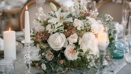 Interior arrangement featuring white glass candlesticks, white lantern, vintage blue utensil, and a bouquet of peony, lily, and lisianthus, ideal for editorial header background
