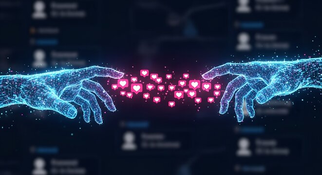 Digital connection between two glowing wireframe hands reaching out across a network of blurred profile icons - Powered by Adobe