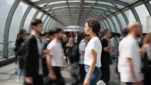 woman walking through crowd on glass tunnel. urban pedestrian and commuter navigate busy bridge during commute. motion captures speed and rhythm of daily transit. pack and bag fill many hands.