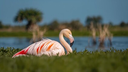 Flamingo at rest in a nature preserve along the coast, highlighting the importance of habitat preservation