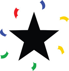 Solid black star icon with surrounding floating colorful confetti elements, symbolizing success, achievement, special event, winner, and rating.