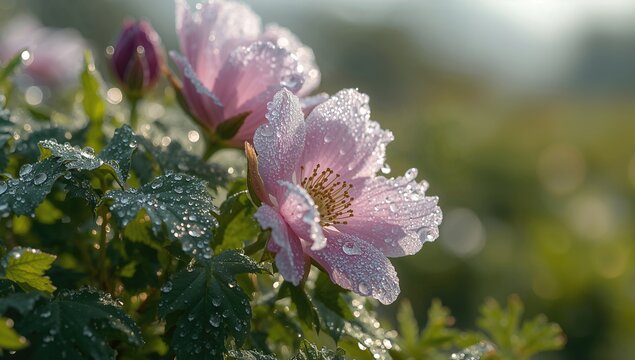 Close-up of flowers and leaves adorned with morning dew