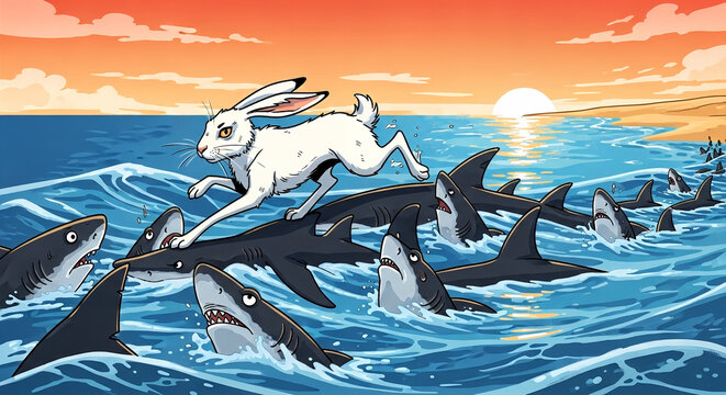 The white hare deceives the sharks to cross the sea, later rewarded for its cunning deed.