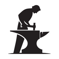 Blacksmith at Anvil vector silhouette outline logo design concept illustration