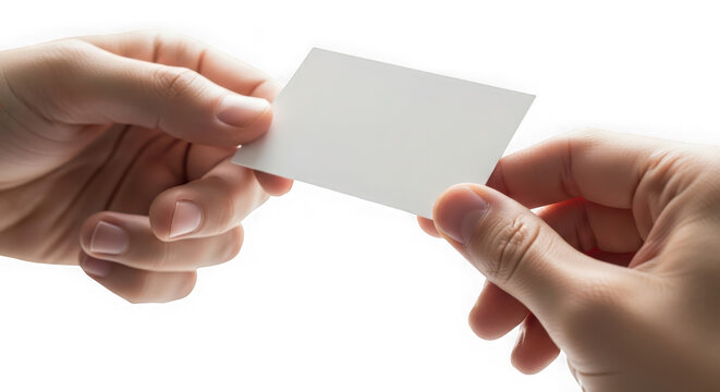 Hands exchanging blank business card for your custom design.