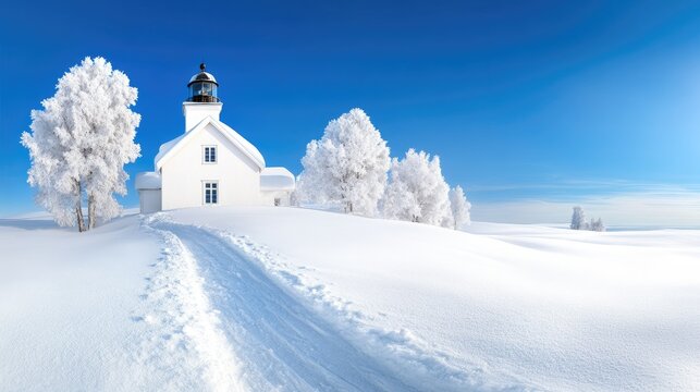 Winter beauty at Luoto Posting Island featuring a serene lighthouse surrounded by snow-covered trees under a clear blue sky