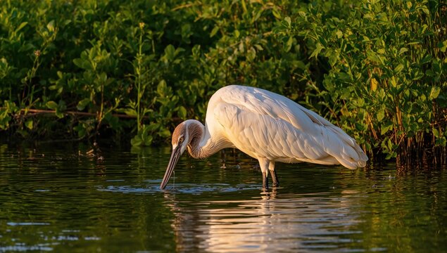 Various angles of a white ibis wading in water