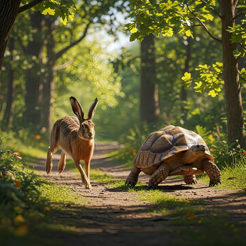 The hare and the tortoise race through the forest, teaching patience and cleverness.