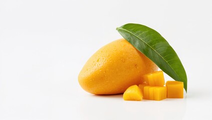 Mango fruit with leaves and diced pieces, fiber-dense choice