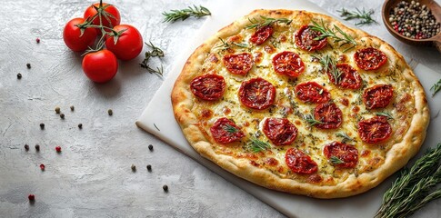 Freshly baked pizza topped with cherry tomatoes, melted cheese, and rosemary sprigs on a white surface with scattered peppercorns and whole vine tomatoes beside it
