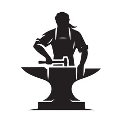 Blacksmith at Anvil vector silhouette outline logo design concept illustration