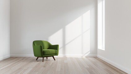 Green armchair in a Scandinavian-style living space, minimalistic decor, enhancing relaxation ambiance