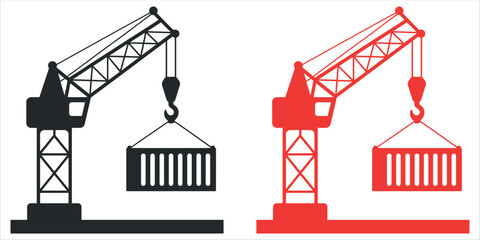 Fototapeta premium Dynamic construction cranes lifting cargo containers in bold black and red, perfect for industrial design projects and modern logistics visuals vector.