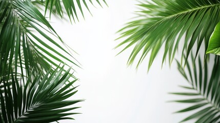 Fototapeta premium Lush green palm leaves frame a bright, minimalist background, creating a serene and tropical atmosphere.