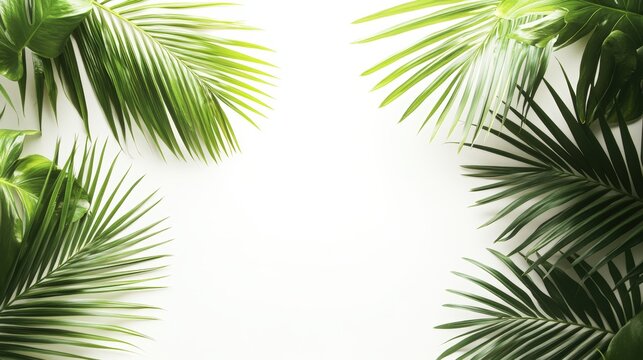 Lush green palm leaves frame a bright, minimalistic background, creating a fresh and vibrant atmosphere.