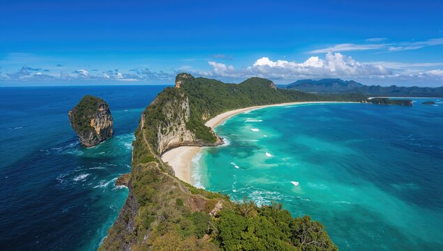Aerial perspective of turquoise waters, rocky cliffs, and natural landscape at a tropical beach