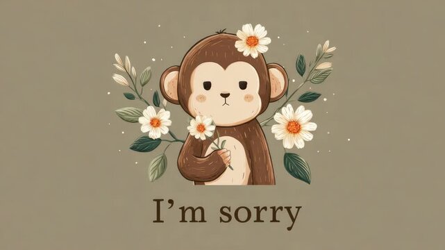 cute little monkey with flower sorry card illustrated animation