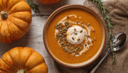 Creamy roasted pumpkin and carrot soup garnished with pumpkin seeds on a white wooden surface