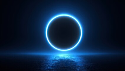 Vibrant photo of a glowing blue neon circle hovers above a reflective surface at night