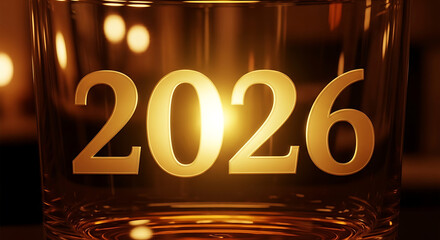 Golden year 2026 illuminated within a glass, symbolizing celebration and future aspirations.