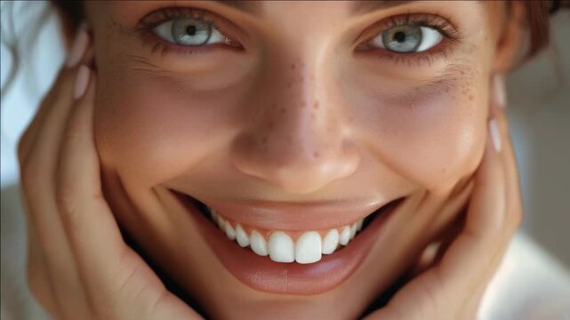 Beautiful woman posing for a portrait with soft lighting highlighting her freckles and radiant smile. Close-up of a happy person's face.