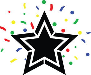 Black star with a clean double outline and surrounding colorful confetti explosion, representing success, achievement, winner, and festive party icon.