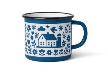 Enamel camping mug with farmhouse folk art design