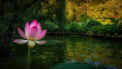 Lotus flower in full bloom atop a tranquil pond, symbolizing seasonal change