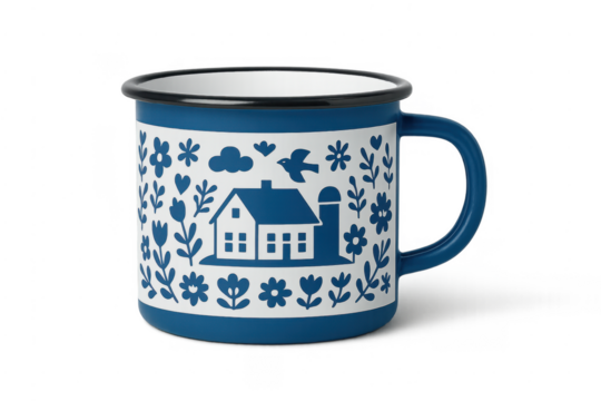 Enamel camping mug with farmhouse folk art design