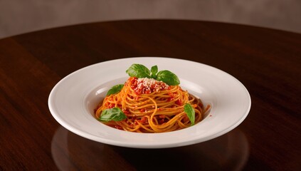 Plate of spaghetti with tomato sauce and fresh basil on a dark surface