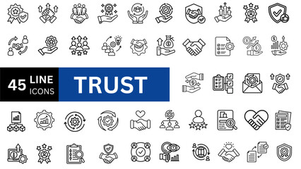 Trust icon set. Containing confidence, credibility, promise, trustworthy, friends, truth, faith, sincerity and honesty. Vector illustration set 