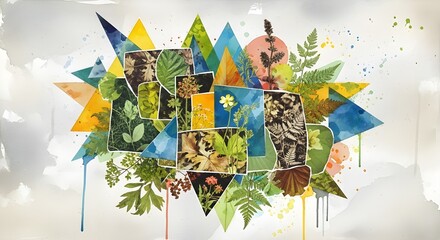 Mixed media collage combining botanical photographs with geometric overlays and textured watercolor washes, creating depth and contrast.

