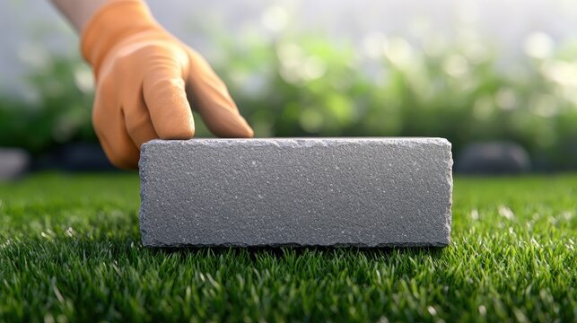 Close-up of a construction worker expertly placing a gray cinder block in a lush backyard during a sunny day