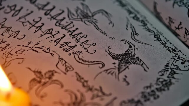 Ancient Manuscript Illuminated by Candlelight Revealing Mystical Symbols and Text.