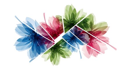 Vector composition of fragmented floral elements with blurred edges and translucent layers for modern art prints.
