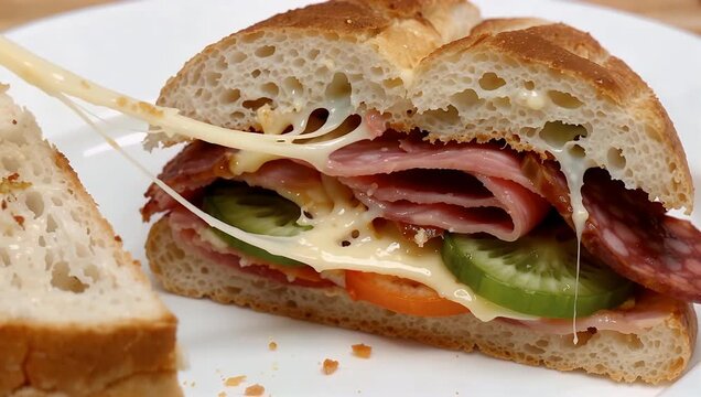 Close up of melted cheese pull sandwich with cured meat avocado and rustic bread