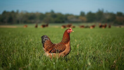 Fototapeta premium Farm chicken bird in a green pasture, showcasing poultry agriculture, Earth Day