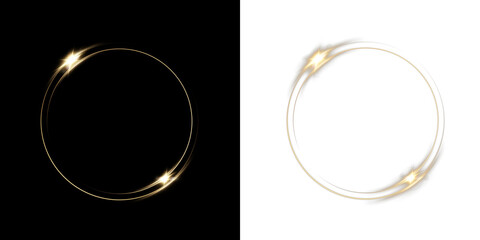 Luminous golden spiral PNG with bokeh sparkles and glowing dust. Shiny ring frame isolated on transparent background for luxury, light, and fantasy design.